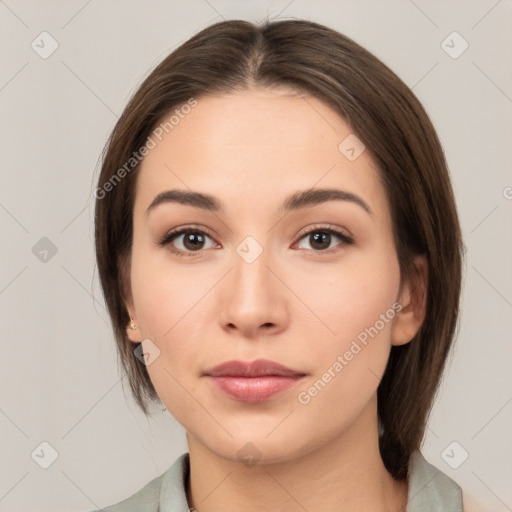 Neutral white young-adult female with medium  brown hair and brown eyes