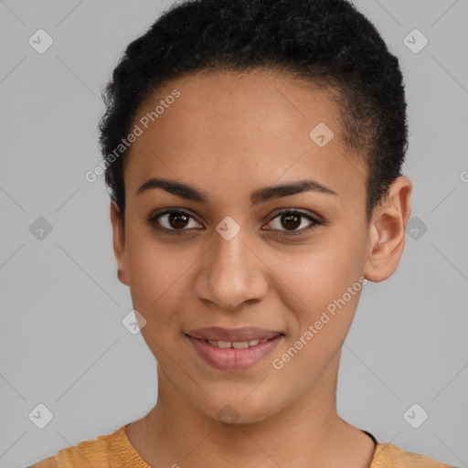 Joyful latino young-adult female with short  brown hair and brown eyes