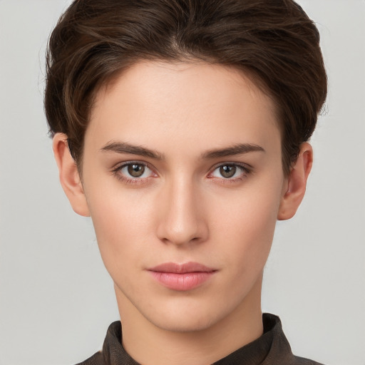 Neutral white young-adult female with short  brown hair and brown eyes