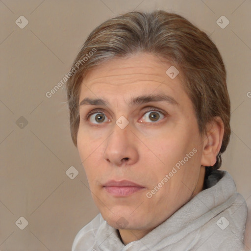 Neutral white adult female with short  brown hair and brown eyes