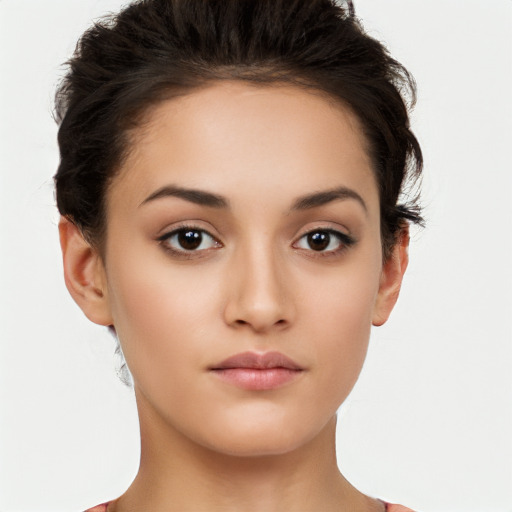 Neutral white young-adult female with short  brown hair and brown eyes