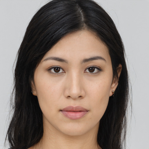 Neutral asian young-adult female with long  black hair and brown eyes