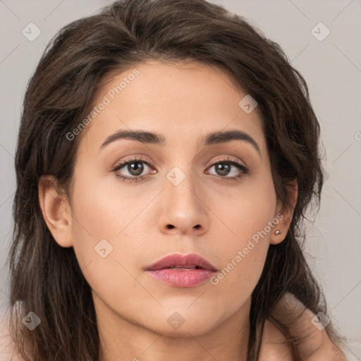 Neutral white young-adult female with medium  brown hair and brown eyes