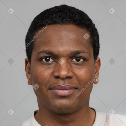 Neutral black young-adult male with short  black hair and brown eyes