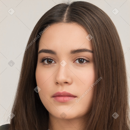 Neutral white young-adult female with long  brown hair and brown eyes