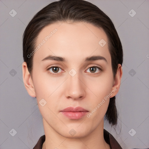 Neutral white young-adult female with medium  brown hair and brown eyes