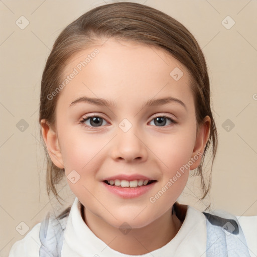 Joyful white child female with medium  brown hair and brown eyes