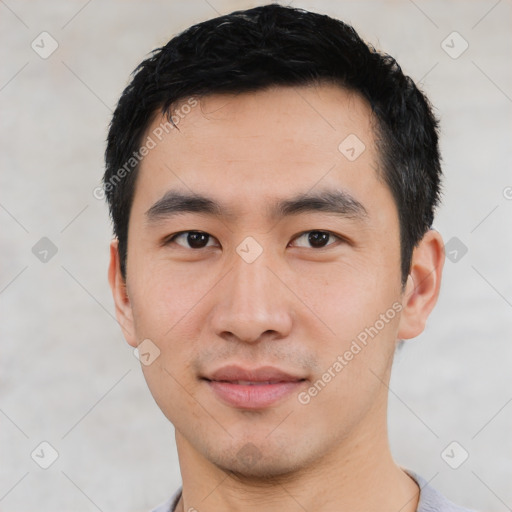 Neutral asian young-adult male with short  black hair and brown eyes