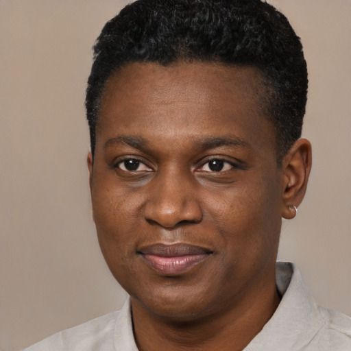 Joyful black young-adult male with short  black hair and brown eyes