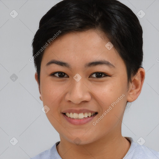 Joyful asian young-adult female with short  brown hair and brown eyes