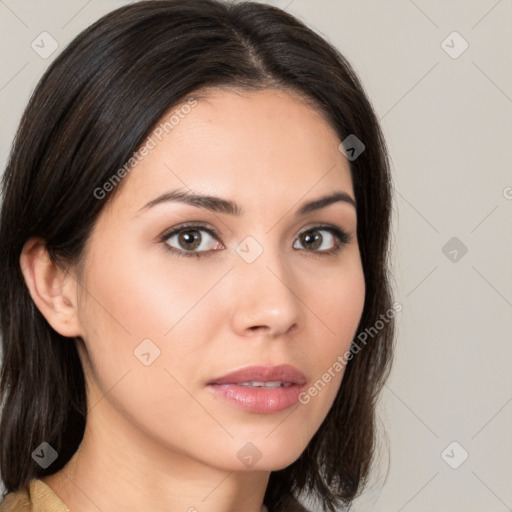 Neutral white young-adult female with medium  brown hair and brown eyes