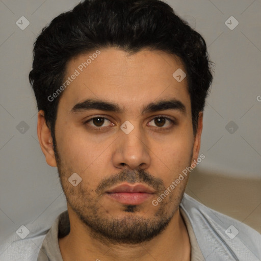 Neutral asian young-adult male with short  black hair and brown eyes