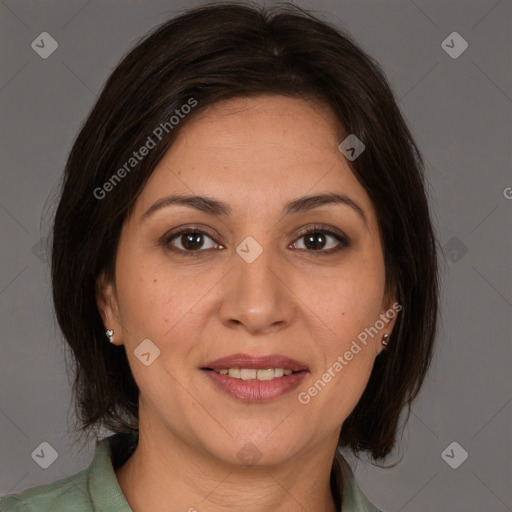 Joyful white adult female with medium  brown hair and brown eyes