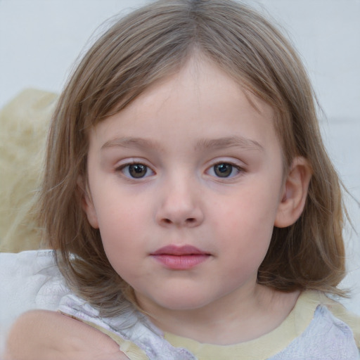 Neutral white child female with medium  brown hair and blue eyes