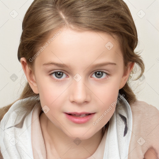 Joyful white child female with medium  brown hair and blue eyes