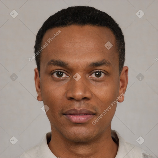 Neutral black young-adult male with short  black hair and brown eyes