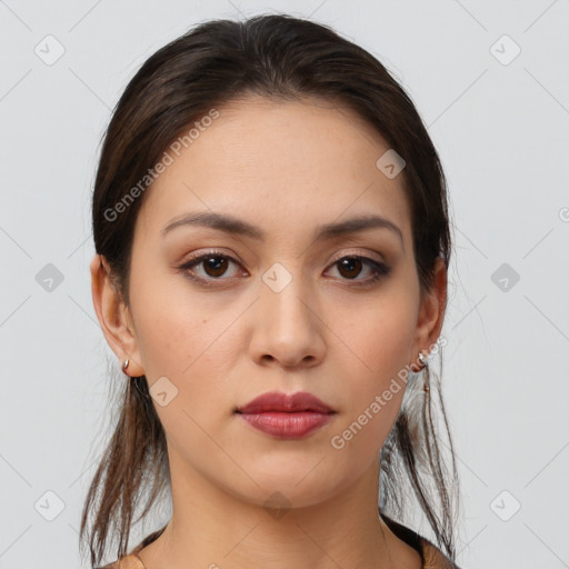 Neutral white young-adult female with medium  brown hair and brown eyes