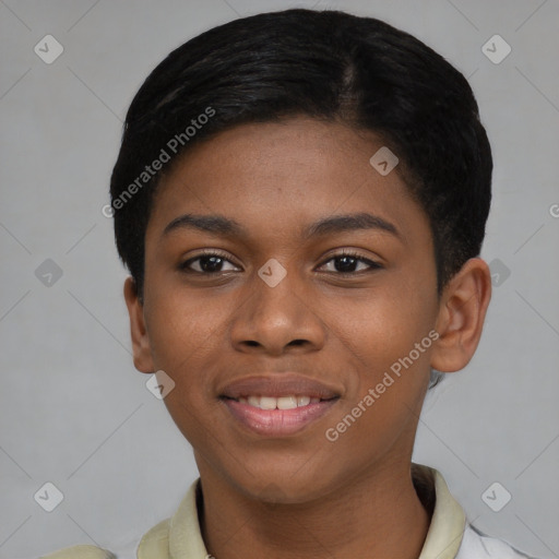 Joyful asian young-adult female with short  black hair and brown eyes