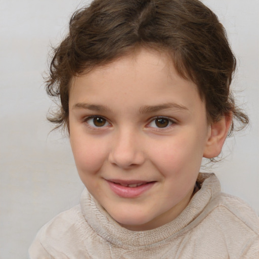 Joyful white child female with medium  brown hair and brown eyes