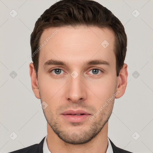 Neutral white young-adult male with short  brown hair and brown eyes