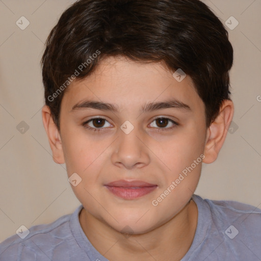 Joyful white child male with medium  brown hair and brown eyes