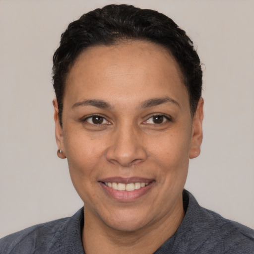 Joyful white adult female with short  black hair and brown eyes