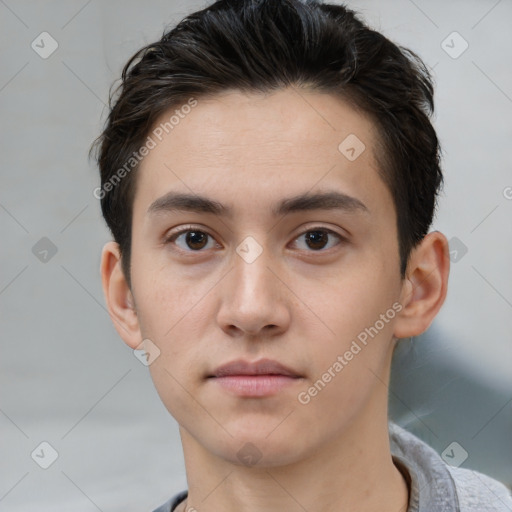 Neutral white young-adult male with short  brown hair and brown eyes