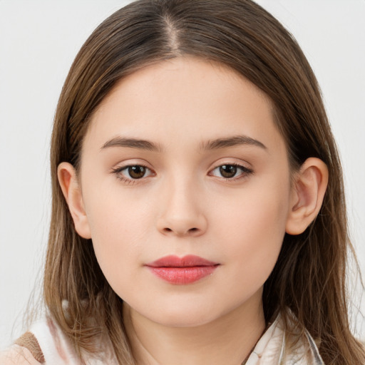 Neutral white child female with long  brown hair and brown eyes