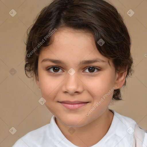 Joyful white child female with medium  brown hair and brown eyes