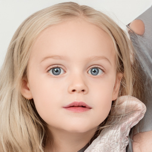 Neutral white child female with medium  brown hair and blue eyes