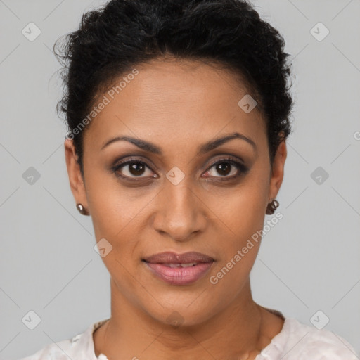 Joyful latino young-adult female with short  brown hair and brown eyes