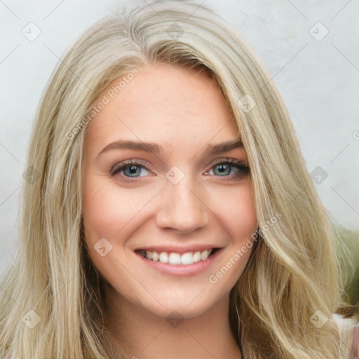 Joyful white young-adult female with long  brown hair and blue eyes