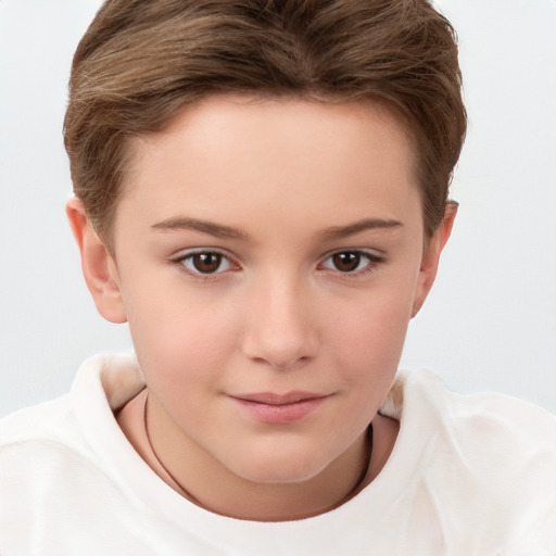 Joyful white child female with short  brown hair and brown eyes