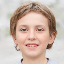 Joyful white child female with medium  brown hair and grey eyes