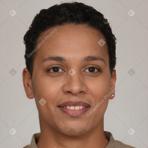 Joyful latino young-adult female with short  brown hair and brown eyes