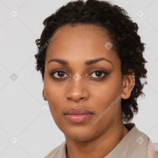 Neutral black young-adult female with short  black hair and brown eyes