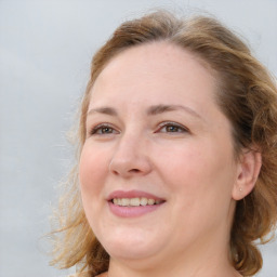 Joyful white adult female with medium  brown hair and blue eyes