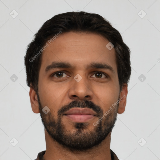 Neutral latino young-adult male with short  black hair and brown eyes