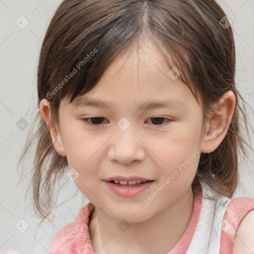 Joyful white child female with medium  brown hair and brown eyes