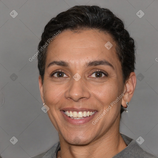 Joyful white adult female with short  brown hair and brown eyes