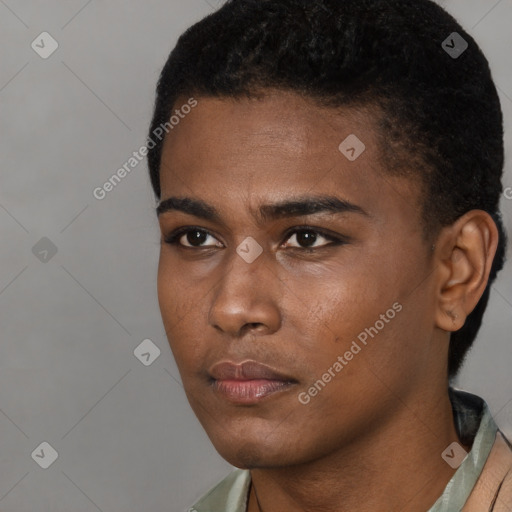 Neutral black young-adult male with short  black hair and brown eyes