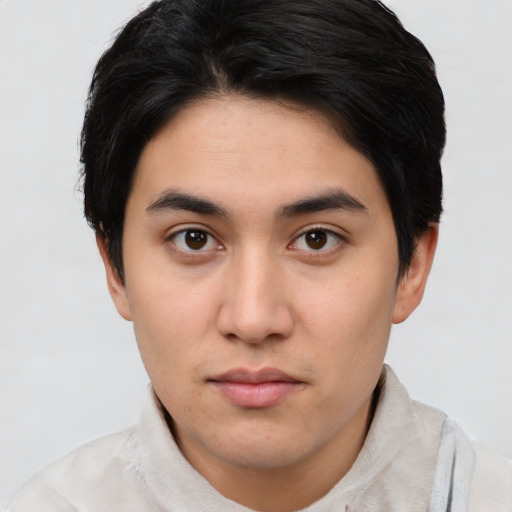 Neutral asian young-adult male with short  black hair and brown eyes