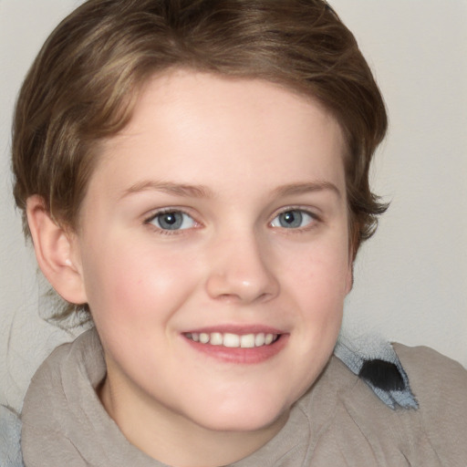 Joyful white child female with medium  brown hair and blue eyes