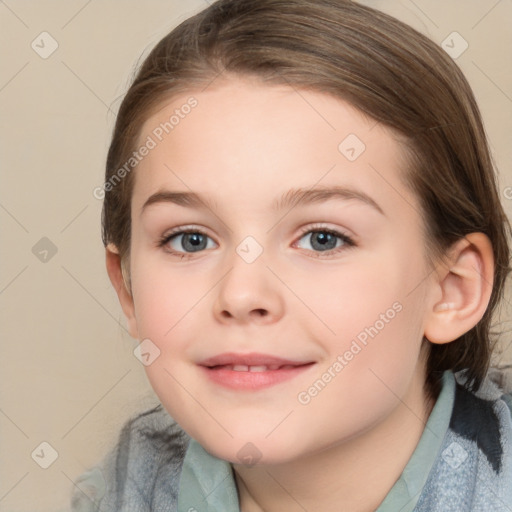 Joyful white child female with medium  brown hair and grey eyes