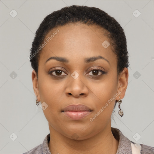 Neutral black young-adult female with short  black hair and brown eyes