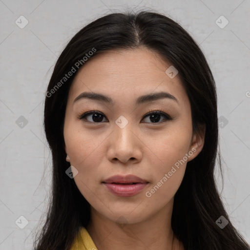 Joyful asian young-adult female with long  brown hair and brown eyes