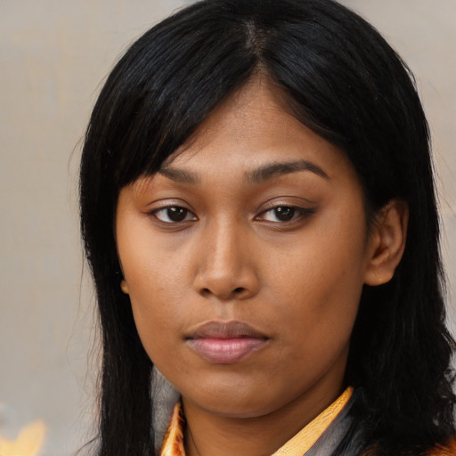 Neutral asian young-adult female with long  black hair and brown eyes