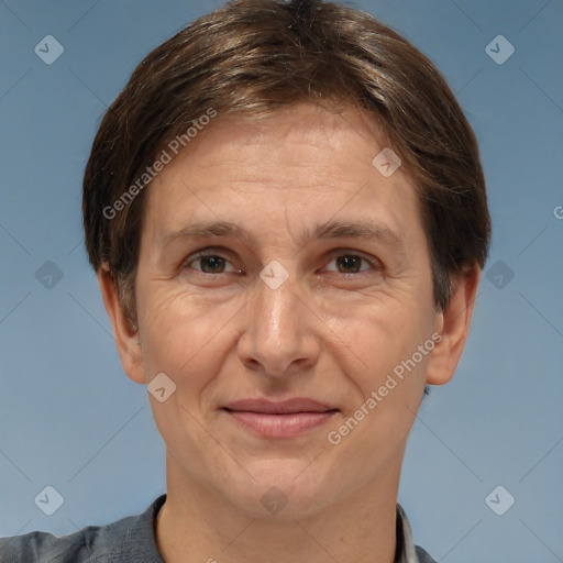 Joyful white adult female with short  brown hair and brown eyes