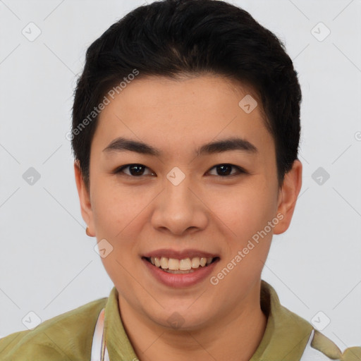 Joyful white young-adult female with short  brown hair and brown eyes