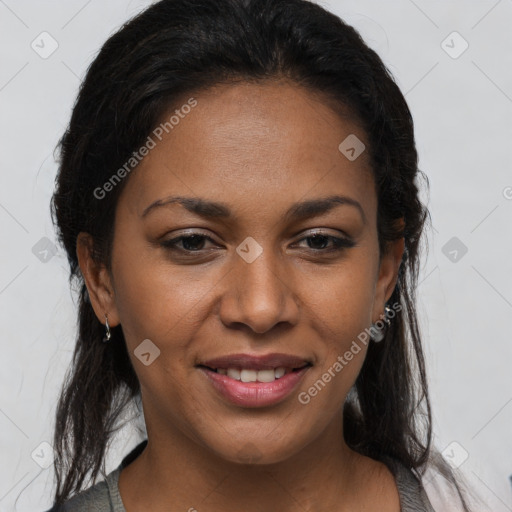 Joyful black young-adult female with medium  brown hair and brown eyes